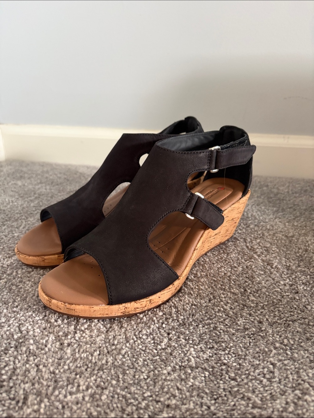 Clarks Black Open-Toe Cork Wedge Sandals